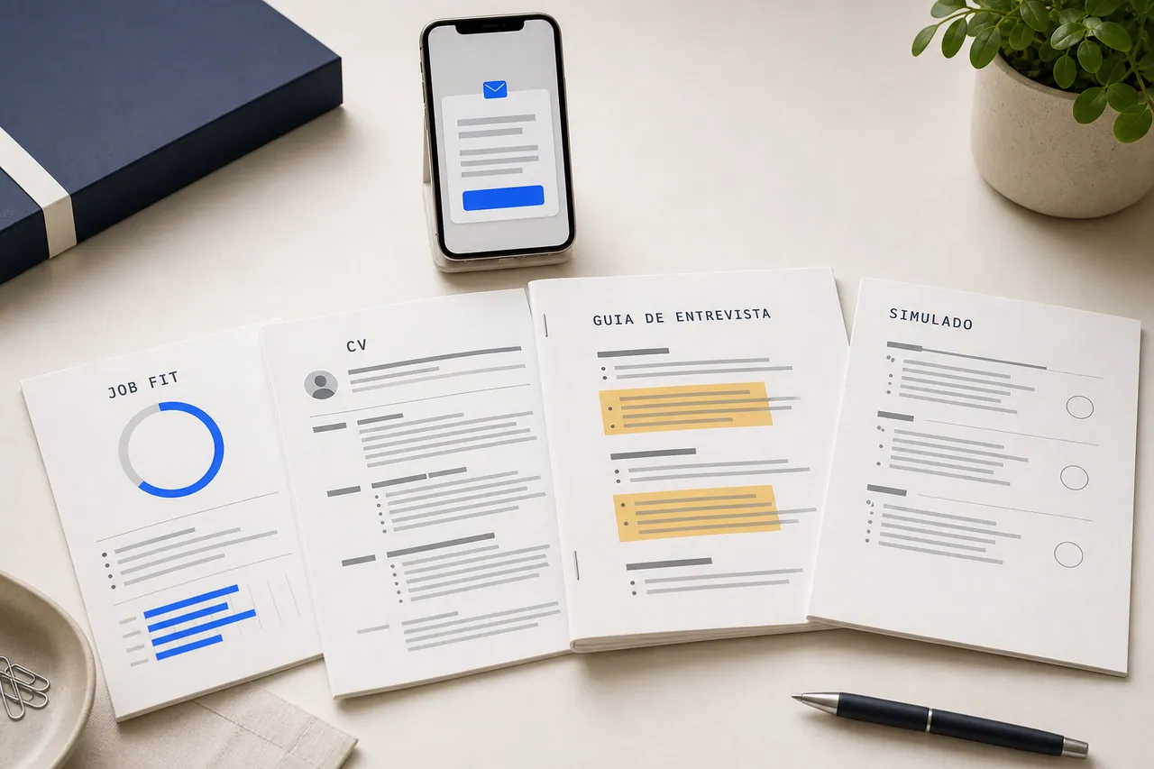 Kit impresso da entrega: relatorio Job Fit, CV, guia de entrevista e simulado sobre a mesa