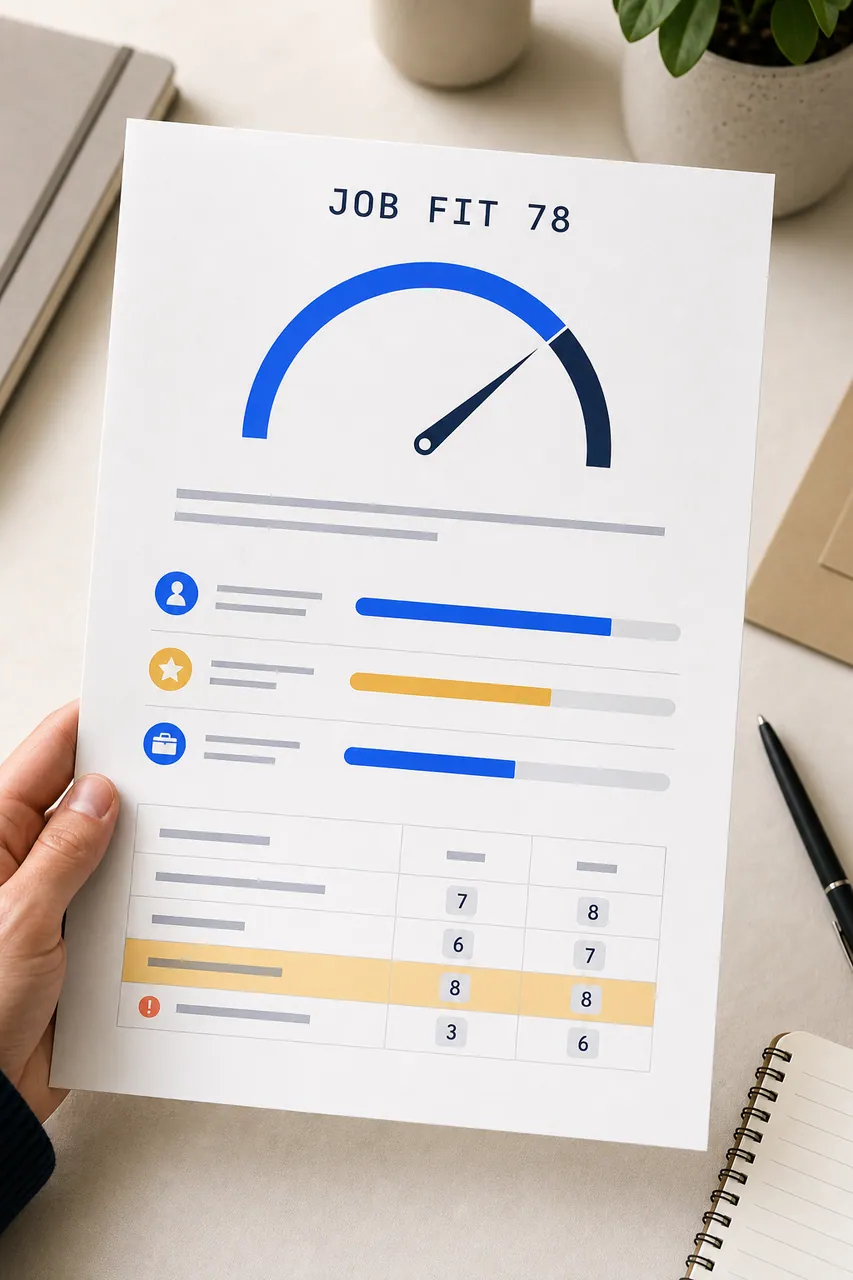 Cartão impresso de Job Fit Score com medidor e tabela de competências